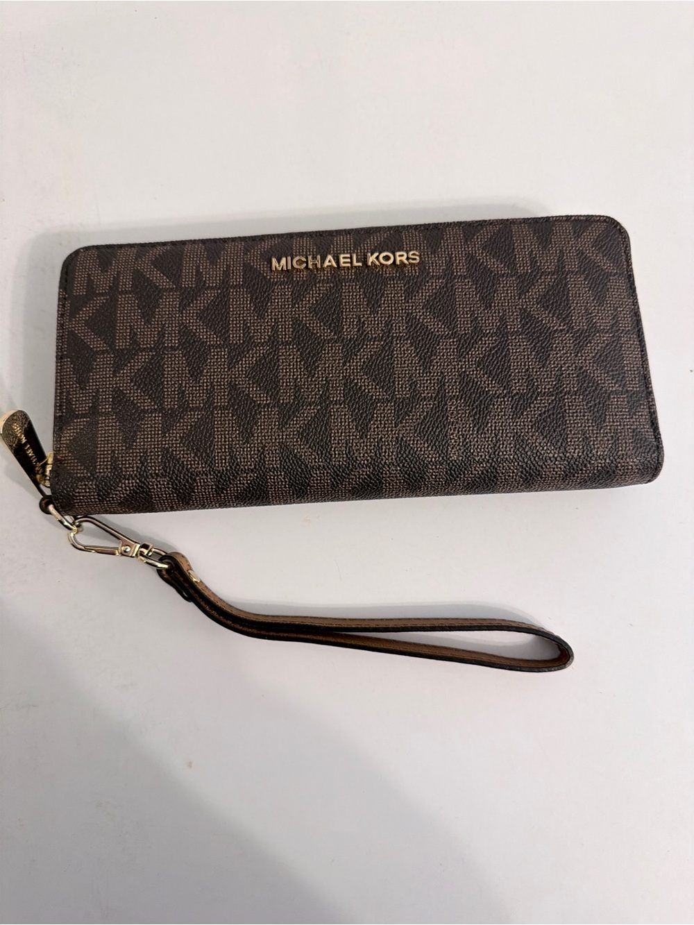Michael Kors Brown and Gold Signature Zip-Around Wristlet